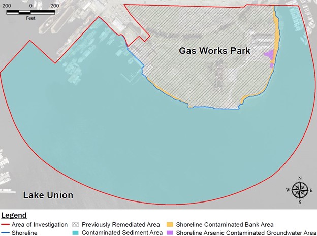 Map of Gas Works Park cleanup site. The site include both land and in water areas, extending into Lake Union by about twice the length of nearby docks.